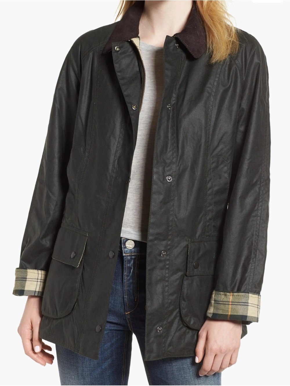 Barbour Olive Green Beadnell Wax Jacket with Brown Corduroy Collar
